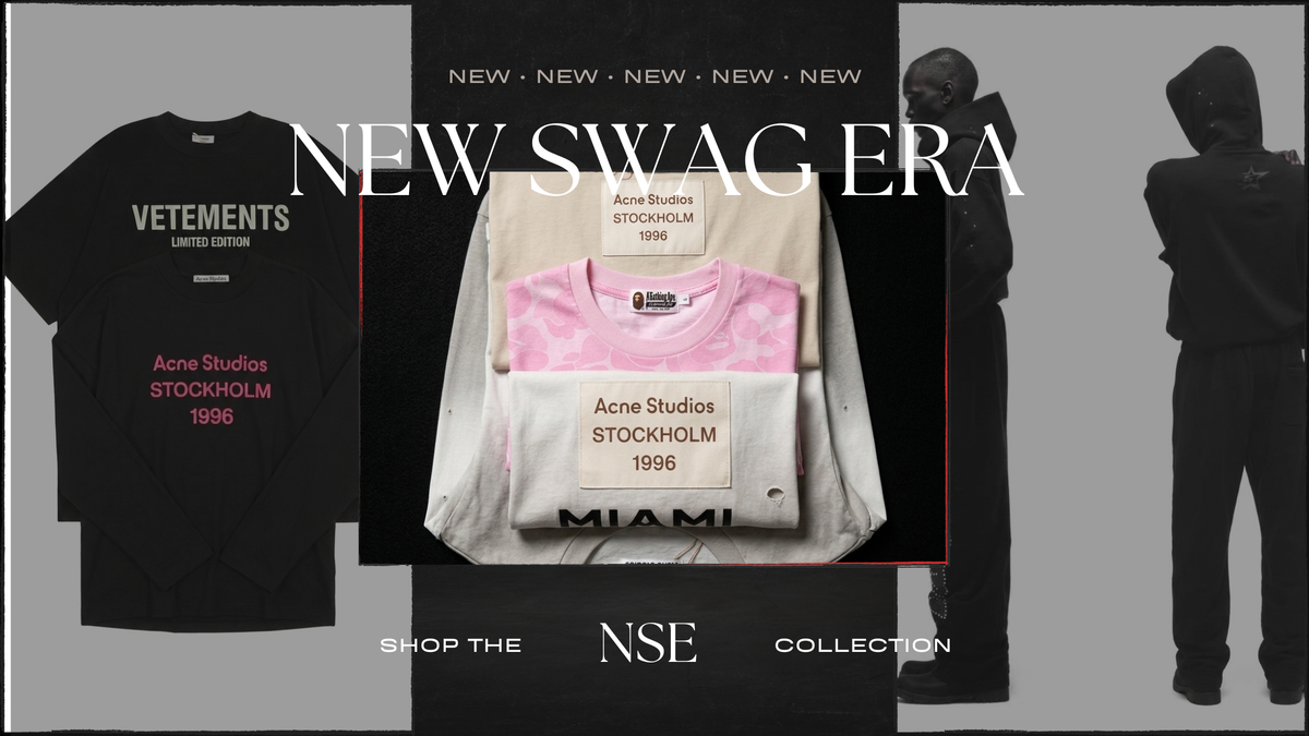 A promotional collage for a fashion collection featuring a black Vetements t-shirt, a folded cream jacket with a pink t-shirt inside, and black silhouettes of a person in a hoodie. Large text reads 'NEW SWAG ERA' and 'SHOP THE NSE COLLECTION'.
