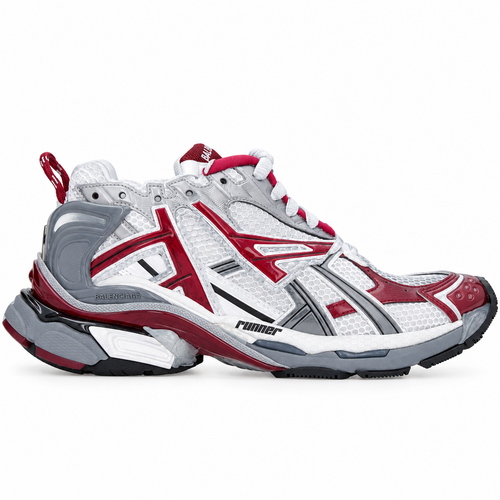 Balenciaga Runner sneakers, specifically in a white, silver, and burgundy/maroon colorway.